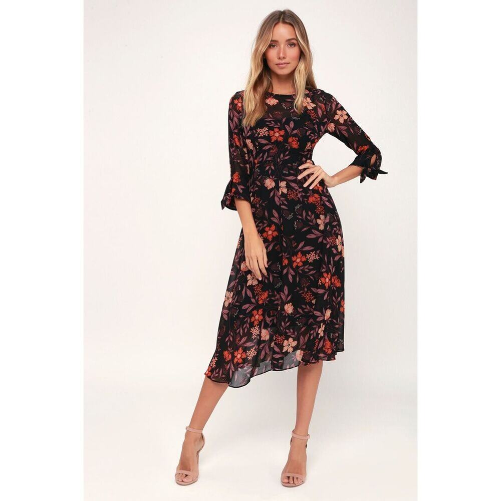 I. Madeline Passionate Love Black‎ Floral Print Midi Dress XL Womens
